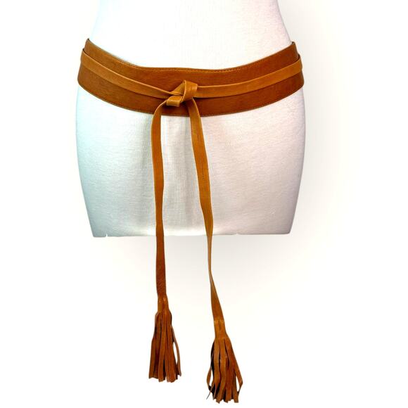 Raina Bronco Leather Wrap Belt with Pouch Bag Brown Cognac Tassels Made in USA - Picture 1 of 9